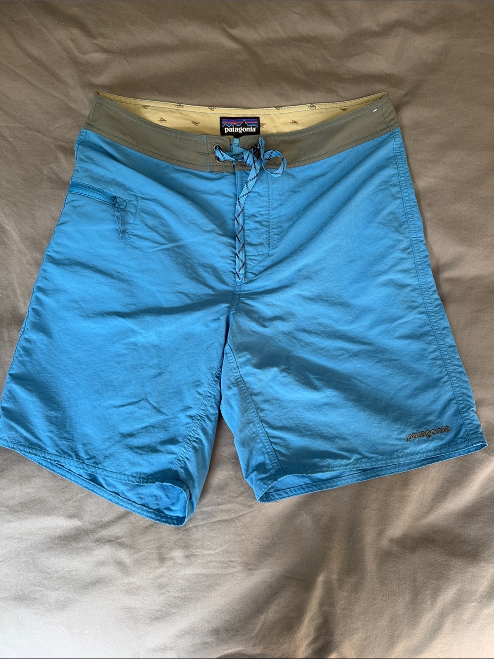 Patagonia Men’s Sky Blue Board Shorts with Grey Waistband
